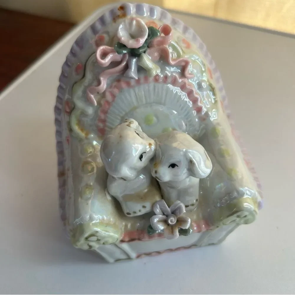 Vintage Iridescent Ceramic Puppy Dogs on Sofa Figurine Pastel Lusterware